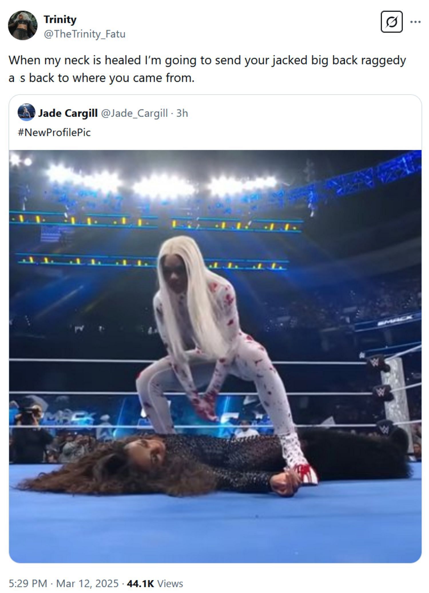 Screenshot of Trinity Fatu's tweet to Jade Cargill (Photo Credit: Trinity Fatu on X)